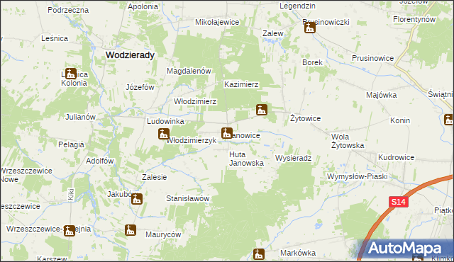 mapa Janowice gmina Pabianice, Janowice gmina Pabianice na mapie Targeo