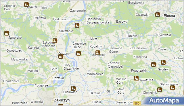 mapa Janowice gmina Pleśna, Janowice gmina Pleśna na mapie Targeo