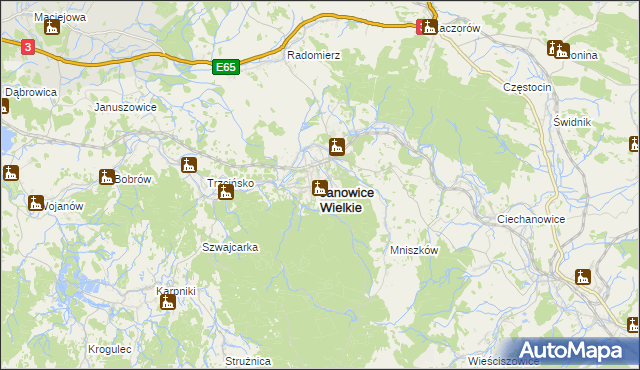 mapa Janowice Wielkie, Janowice Wielkie na mapie Targeo