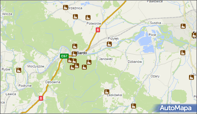 mapa Janowiec gmina Bardo, Janowiec gmina Bardo na mapie Targeo