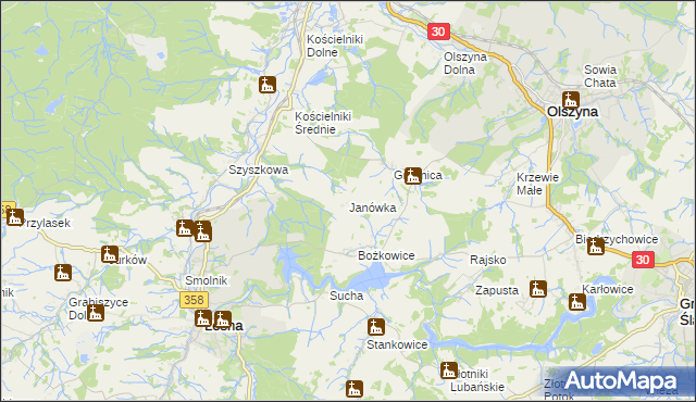 mapa Janówka gmina Leśna, Janówka gmina Leśna na mapie Targeo