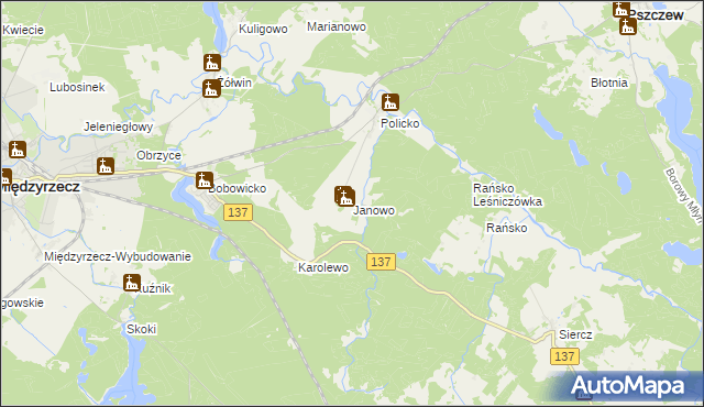 mapa Janowo gmina Pszczew, Janowo gmina Pszczew na mapie Targeo