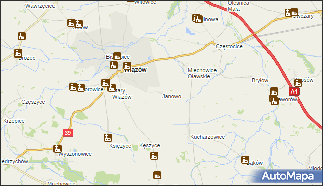 mapa Janowo gmina Wiązów, Janowo gmina Wiązów na mapie Targeo