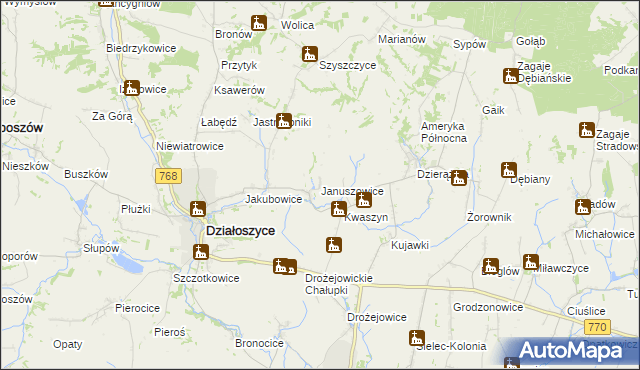 mapa Januszowice gmina Działoszyce, Januszowice gmina Działoszyce na mapie Targeo