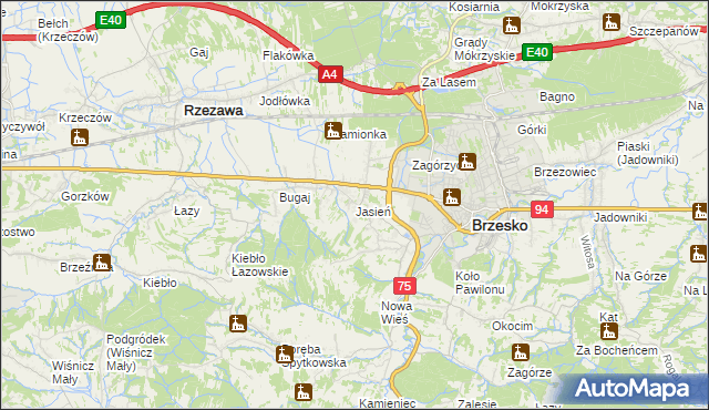 mapa Jasień gmina Brzesko, Jasień gmina Brzesko na mapie Targeo