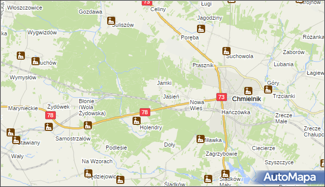 mapa Jasień gmina Chmielnik, Jasień gmina Chmielnik na mapie Targeo