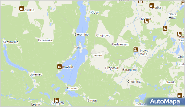 mapa Jasień gmina Czarna Dąbrówka, Jasień gmina Czarna Dąbrówka na mapie Targeo