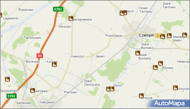 mapa Jasień gmina Czempiń, Jasień gmina Czempiń na mapie Targeo