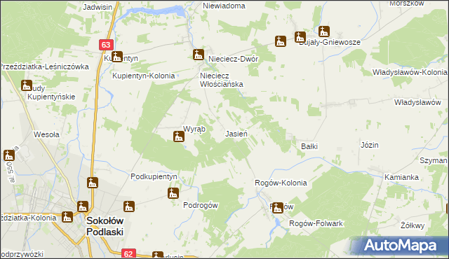 mapa Jasień gmina Repki, Jasień gmina Repki na mapie Targeo