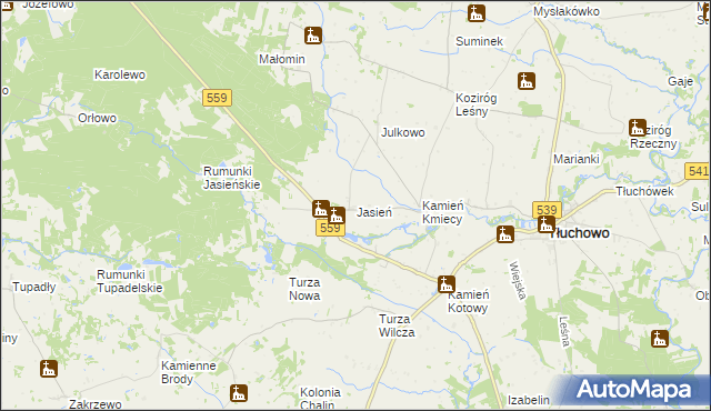 mapa Jasień gmina Tłuchowo, Jasień gmina Tłuchowo na mapie Targeo