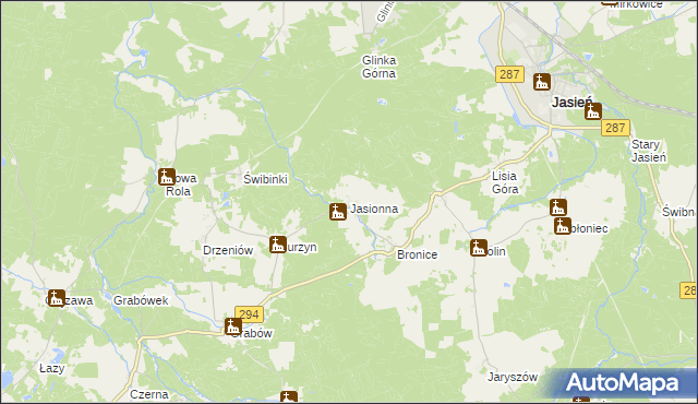 mapa Jasionna gmina Jasień, Jasionna gmina Jasień na mapie Targeo