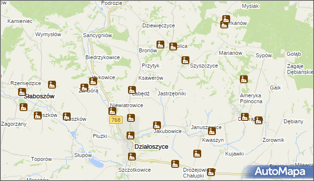 mapa Jastrzębniki gmina Działoszyce, Jastrzębniki gmina Działoszyce na mapie Targeo