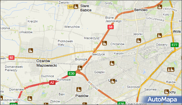 mapa Jawczyce gmina Ożarów Mazowiecki, Jawczyce gmina Ożarów Mazowiecki na mapie Targeo