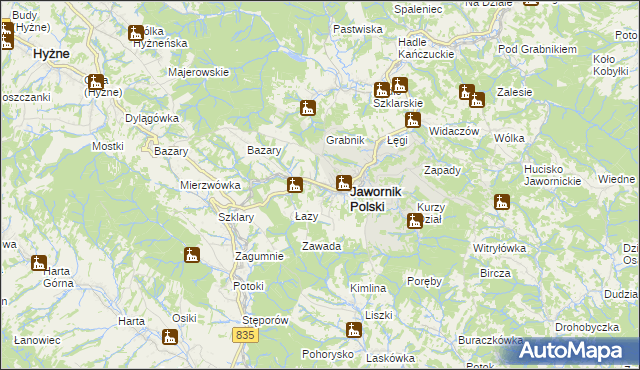 mapa Jawornik Polski, Jawornik Polski na mapie Targeo