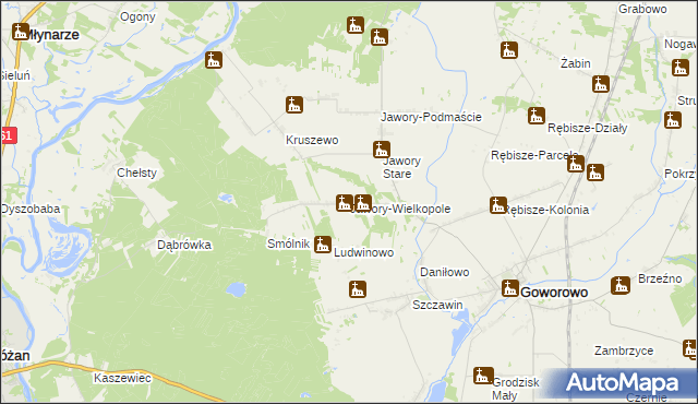 mapa Jawory-Wielkopole, Jawory-Wielkopole na mapie Targeo