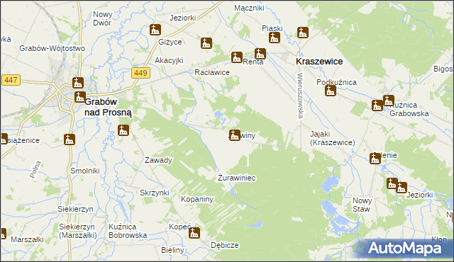 mapa Jaźwiny gmina Kraszewice, Jaźwiny gmina Kraszewice na mapie Targeo