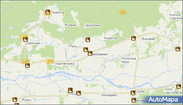 mapa Jędrzejewo gmina Czarnków, Jędrzejewo gmina Czarnków na mapie Targeo