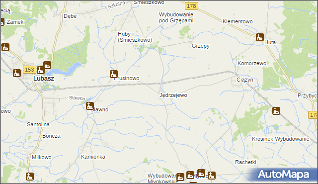 mapa Jędrzejewo gmina Lubasz, Jędrzejewo gmina Lubasz na mapie Targeo