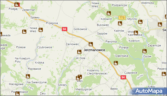 mapa Jerzmanowice gmina Jerzmanowice-Przeginia, Jerzmanowice gmina Jerzmanowice-Przeginia na mapie Targeo