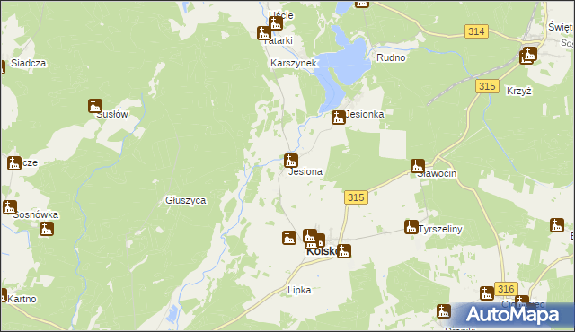 mapa Jesiona gmina Kolsko, Jesiona gmina Kolsko na mapie Targeo