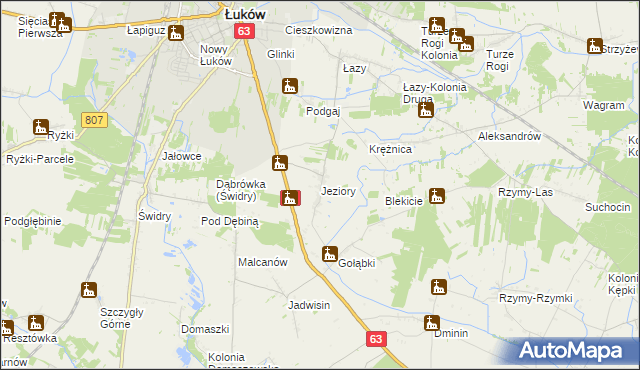 mapa Jeziory gmina Łuków, Jeziory gmina Łuków na mapie Targeo