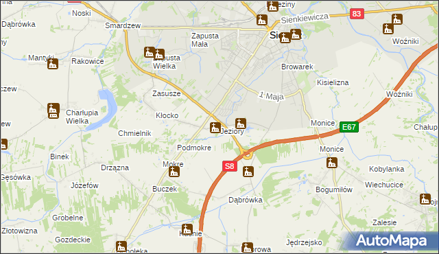 mapa Jeziory gmina Sieradz, Jeziory gmina Sieradz na mapie Targeo