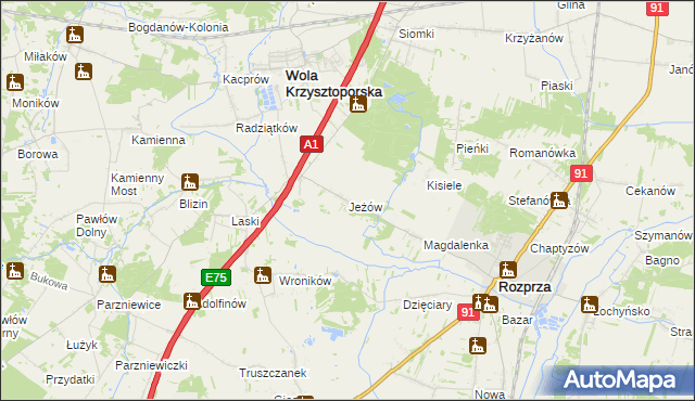 mapa Jeżów gmina Wola Krzysztoporska, Jeżów gmina Wola Krzysztoporska na mapie Targeo