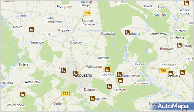 mapa Józefina gmina Łopuszno, Józefina gmina Łopuszno na mapie Targeo