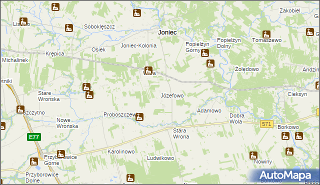 mapa Józefowo gmina Joniec, Józefowo gmina Joniec na mapie Targeo