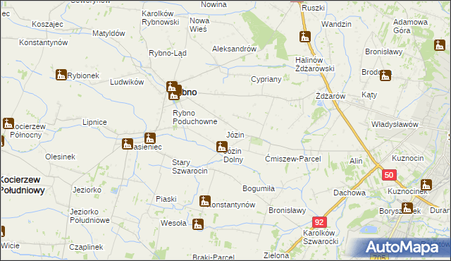 mapa Józin gmina Rybno, Józin gmina Rybno na mapie Targeo