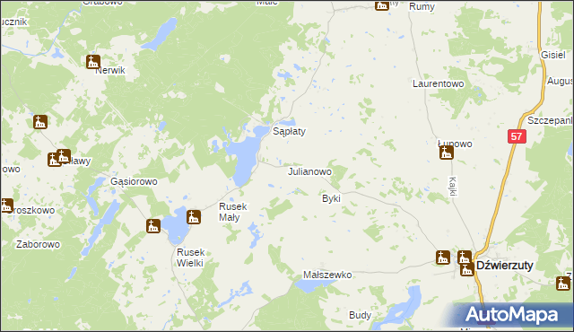 mapa Julianowo gmina Dźwierzuty, Julianowo gmina Dźwierzuty na mapie Targeo