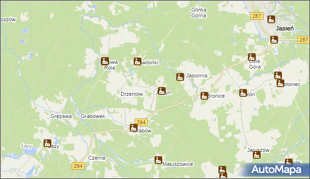 mapa Jurzyn gmina Jasień, Jurzyn gmina Jasień na mapie Targeo