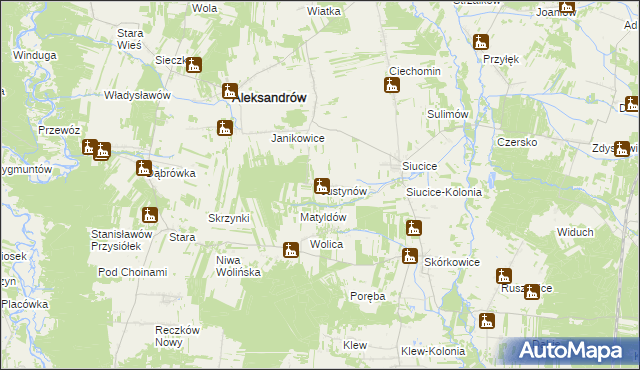 mapa Justynów gmina Aleksandrów, Justynów gmina Aleksandrów na mapie Targeo