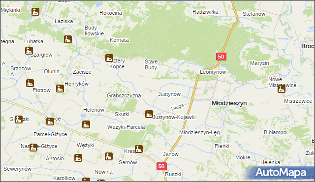 mapa Justynów gmina Młodzieszyn, Justynów gmina Młodzieszyn na mapie Targeo