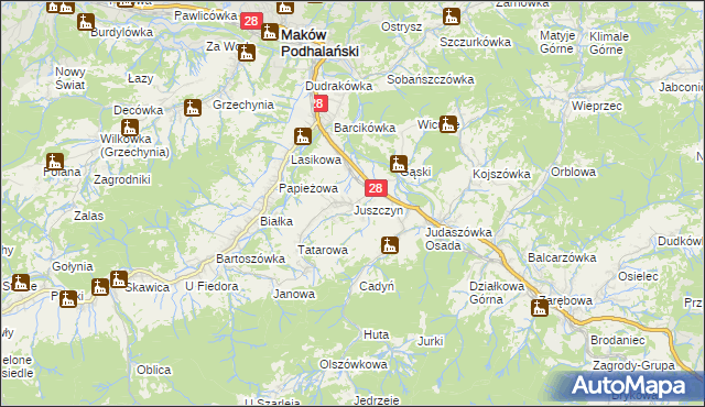 mapa Juszczyn gmina Maków Podhalański, Juszczyn gmina Maków Podhalański na mapie Targeo