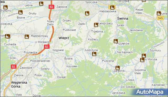 mapa Juszczyna, Juszczyna na mapie Targeo