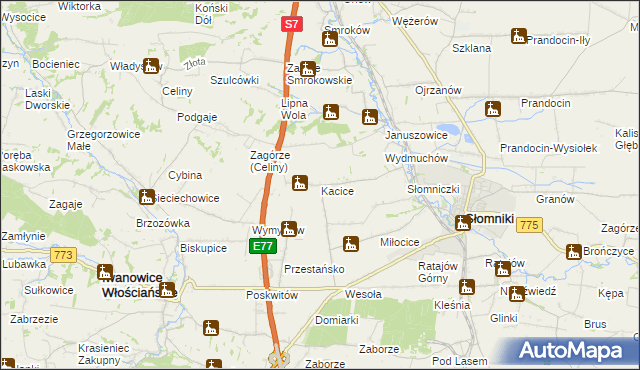 mapa Kacice gmina Słomniki, Kacice gmina Słomniki na mapie Targeo