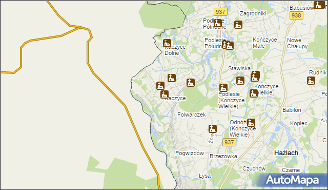 mapa Kaczyce gmina Zebrzydowice, Kaczyce gmina Zebrzydowice na mapie Targeo