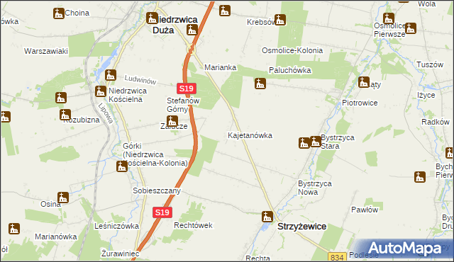 mapa Kajetanówka gmina Strzyżewice, Kajetanówka gmina Strzyżewice na mapie Targeo