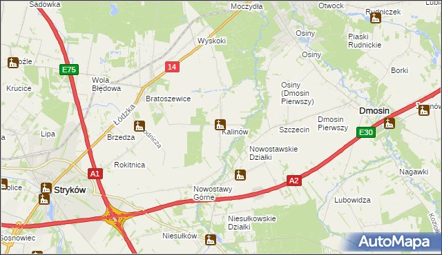 mapa Kalinów gmina Stryków, Kalinów gmina Stryków na mapie Targeo