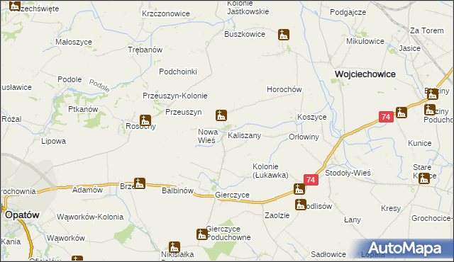 mapa Kaliszany gmina Wojciechowice, Kaliszany gmina Wojciechowice na mapie Targeo