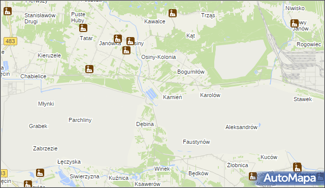 mapa Kamień gmina Kleszczów, Kamień gmina Kleszczów na mapie Targeo