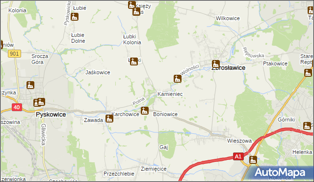 mapa Kamieniec gmina Zbrosławice, Kamieniec gmina Zbrosławice na mapie Targeo