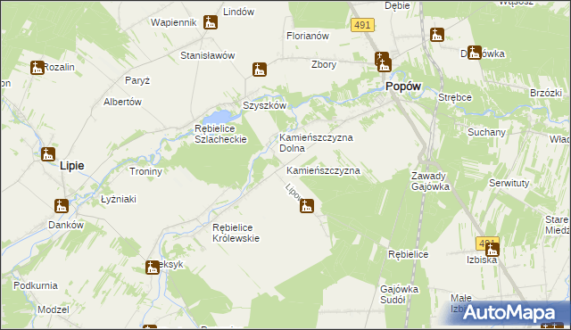 mapa Kamieńszczyzna gmina Popów, Kamieńszczyzna gmina Popów na mapie Targeo