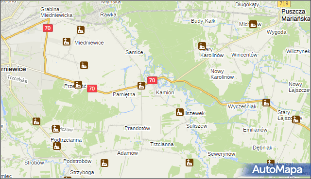 mapa Kamion gmina Puszcza Mariańska, Kamion gmina Puszcza Mariańska na mapie Targeo