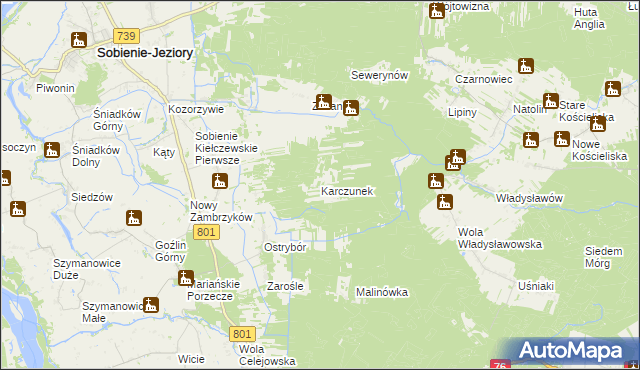 mapa Karczunek gmina Sobienie-Jeziory, Karczunek gmina Sobienie-Jeziory na mapie Targeo