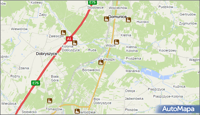 mapa Karkoszki gmina Gomunice, Karkoszki gmina Gomunice na mapie Targeo