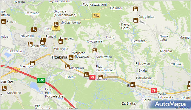 mapa Karniowice gmina Trzebinia, Karniowice gmina Trzebinia na mapie Targeo