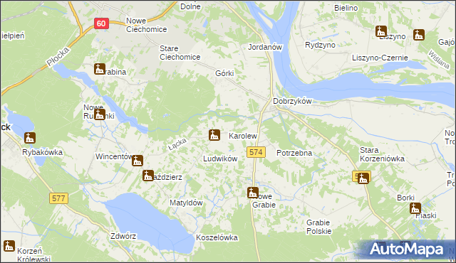 mapa Karolew gmina Gąbin, Karolew gmina Gąbin na mapie Targeo