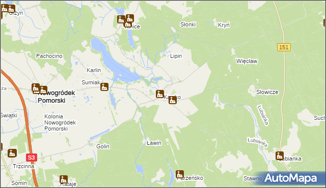mapa Karsko gmina Nowogródek Pomorski, Karsko gmina Nowogródek Pomorski na mapie Targeo